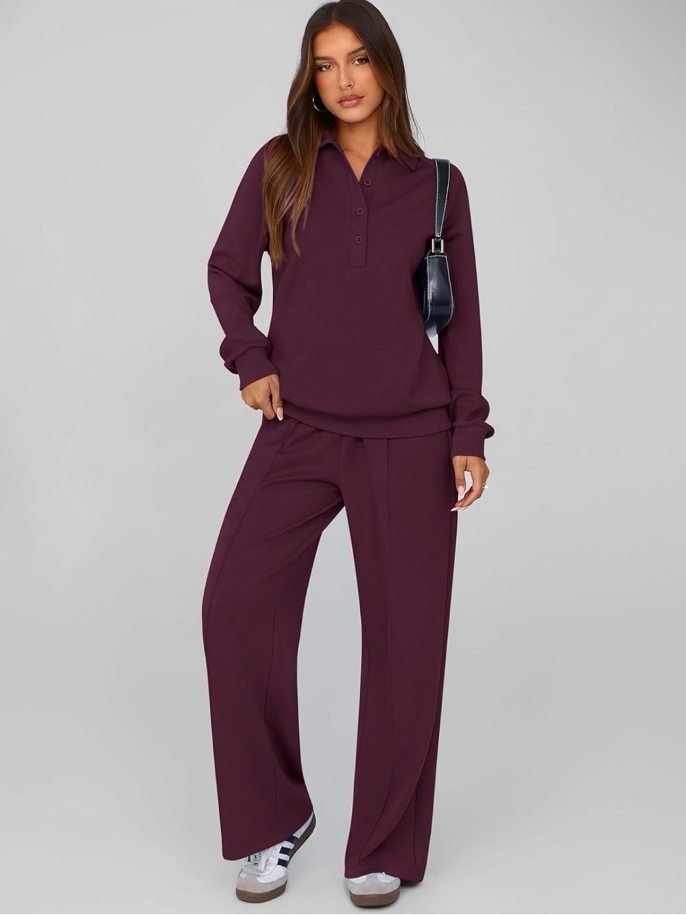 Plum Polo Pullover & Wide-Leg Trouser Pant Set